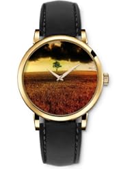 SPRAWL Aanalog Fashion Series Gold Ladies Watches of Genuine Black Leather Strap,Unique Wrist Watch for Women Girls Designed with Leaves on the grass, blurred sky