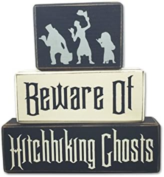Haunted Mansion Hitchhiking ghost stacking wood blocks, painted sign blocks, Halloween decoration, unique disney fan gift designed by Apple Jack Designs
