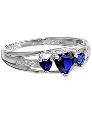 Silver Three Heart Shape Created Sapphire with 0.018 Diamonds cttw Ring, Size 7