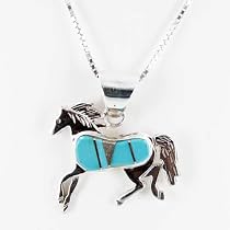 Southwestern Turquoise Inlaid Horse Pendant in Sterling Silver by Native American Indian Artist on a 18" Sterling Box Chain, #7540