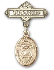 Gold Filled Baby Badge with St. Catherine Laboure Charm and Godchild Badge Pin