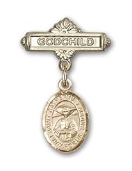 14K Gold Baby Badge with St. Catherine Laboure Charm and Godchild Badge Pin