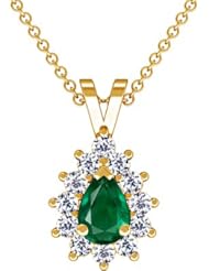 18K Yellow Gold Pear Cut Emerald And Round Diamond Pendant (GIA Certificate)