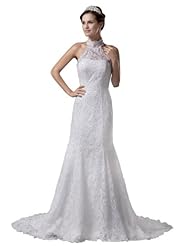 Mermaid Beaded Lace Applique Spring Fall High-Neck Halter Wedding Dress  with a Brush/Sweep Train 