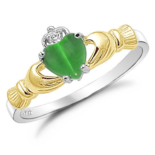 Sterling Silver Two Tone Emerald Heart Cat's Eye Claddagh Ring Sizes 4 to 10 online