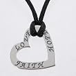 Heart Shaped LOVE FAITH HOPE Affirmation Pendant in Sterling Silver on Black Satin Cord, 15" - 17" in Length, #8956