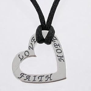 Double Sided Heart Shaped LOVE FAITH HOPE Affirmation Band Pendant in Sterling Silver on Black Satin Cord, 15" - 17" in Length, #8956