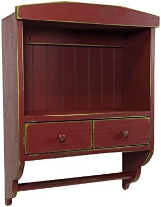 Shelf Country Rustic Primitive Wood Towel Holder with Drawer - Barn Red