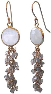 Moonstone Bezel Labradorite Cluster Cascade Gold Earrings, 14K Gold Filled
