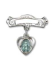 Sterling Silver Baby Badge with Blue Heart/Miraculous Charm and Arched Polished Badge Pin