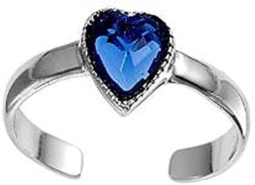 Sterling Silver Luxurious Heart with Blue Sapphire Diamond Toe Ring, Face Height 6 MM