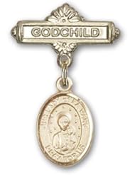 14K Gold Baby Badge with Our Lady of la Vang Charm and Godchild Badge Pin