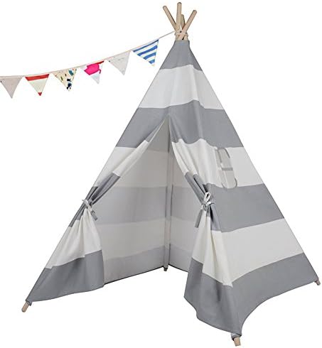 Petit Bella Grey&amp;White Stripe Kids India Teepee Tent Children Play Tent Canvas Canopy Play House Indoor Outdoor Camping One Window Preassemble Portable Cotton 8 Poles