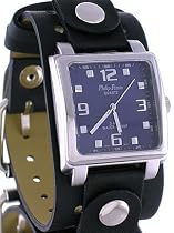 PHILIP PERSIO LEATHER BIKER CUFF MEN BLUE SQUARE WATCH