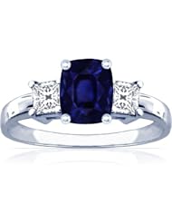 14K White Gold Cushion Cut Blue Sapphire Three Stone Ring