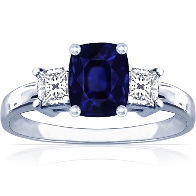 18K White Gold Cushion Cut Blue Sapphire Three Stone Ring