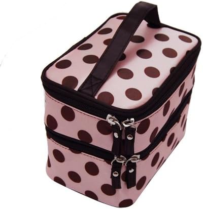 Beauty Case Makeup Bag Double Layer Cosmetic Bag Pink With Brown Polka Dots