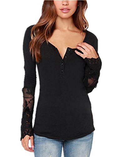 ZANZEA Women's Sexy Casual Lace V-Neck Button Long Sleeve T-Shirt Tops Blouse