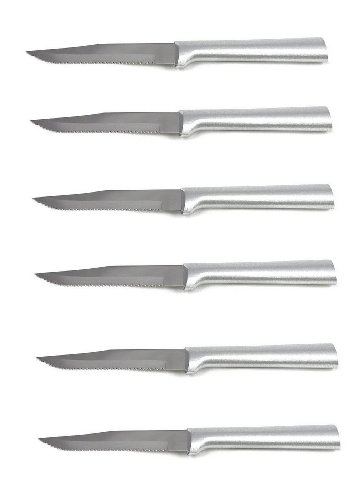 Rada Cutlery Serrated Steak Knives, Solid Cast Brushed Aluminum Handles, Made in USA--Package of 6