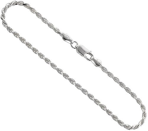 Sterling Silver 2.3 mm Italian Diamond Cut Rope Chain, Nickel Free, 7, 8, anklet, 16, 18, 20, 22, 24, 30,