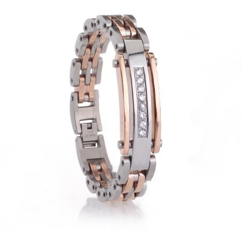 Bracelet en Acier – avec Pierres Blanches – pour Homme – Rose Or Plaqué – 21cm Bracelet en Acier – avec Pierres Blanches – pour Homme – Rose Or Plaqué – 21cm