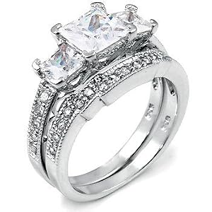 Sterling Silver Cubic Zirconia CZ Wedding Engagement Ring Set Sz 8