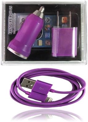 IPhone 6, 6 Plus, 5, 5s, 5c USB 3 in 1 Car Charger Adapter + Travel Home Wall Charger Adapter + USB Lightning Data Sync and Charge Cable Purple