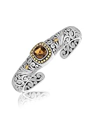 18K Yellow Gold and Sterling Silver Bangle with a Cushion Smokey Quartz Station