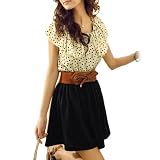 Allegra K Woman Beige Black Scoop Neck Dotted Shirred Waist Dress XS