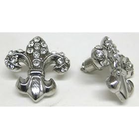 Beautiful Chrome Fleur de Lis Rhinestone Earrings Saint