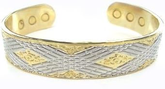 MAGNETIC SOLID COPPER GOLD &amp; SILVER COLOUR DIAMOND PATTERN BRACELET BANGLE