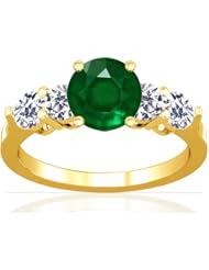 18K Yellow Gold Round Cut Emerald Ring With Sidestones