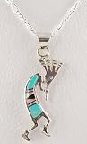 Sterling Silver and Turquoise Inlaid Kokopelli Pendant on 16" Figaro Chain, #10341