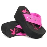 Playboy Bunny Women's Platform Wedge Thong Sandals Pink , 5-10