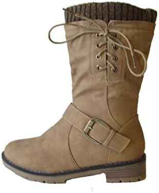 Laden-25 Womens Mid Calf Military Fashion Combat Boots With Fur Taupe 7