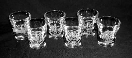 6 Piece Set No. 1 of Etched Glass Fire Fighter Shot Glasses