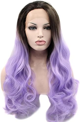 Everydaywigs 24 Inch Black/lavender Ombre Color Wavy Synthetic Lace Front Wigs Glueless Black to Lavender Heat Resistant Hair Wigs