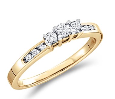 Solid 14k Yellow Gold 3 Three Stone Round Brilliant Cut Diamond Engagement or Anniversary Ring Band with Side Stones (1/4 cttw)