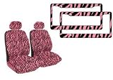 4-Piece Animal Print Automotive Interior Gift Set - 2 Universal-Fit Zebra Pink and Black Low Back Front Bucket Seat with Separate Headrest and 2 Zebra Pink and Black Plastic License Plate Frame