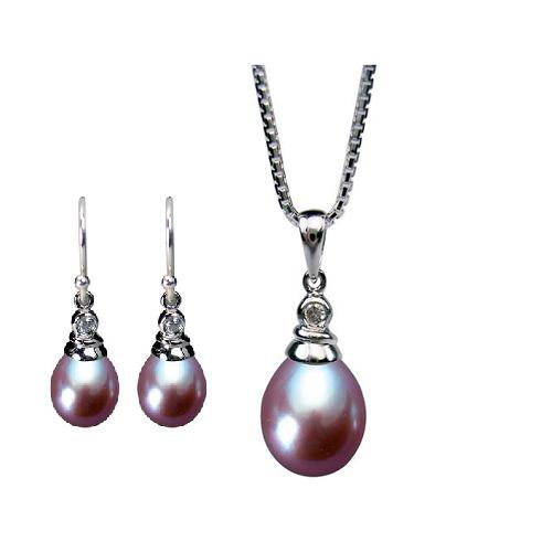 Crystal Top Lavender Culture Pearl Pendant Necklace & earrings Set in CAREFREE Sterling Silver