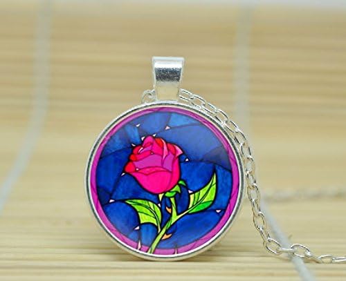 VintaStore Art Glass Necklace Beauty And The Beast Rose Necklace Beauty And The Beast Rose Jewelry Rose Pendant Necklace A4029