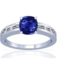 18K White Gold Cushion Cut Blue Sapphire Ring With Sidestones
