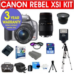 Canon EOS Rebel XSI 450D 12.2 MP Digital Camera (Silver) with Canon EF-S 18-55mm IS Lens + Sigma 70-300mm Telephoto Zoom Lens + .42x Wide Angle Lens with Macro + 16 GB Memory Card + Multi-Coated 3 Piece Filter Kit + Digital Slave Flash + Corel MediaOne Plus Software + 11 Piece Accessory Kit + Deluxe Camera Case + 3 Year Warranty Repair Contract