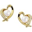 14K Yellow Gold Akoya Cultured Pearl and Diamond Heart Earrings - 7.00mm