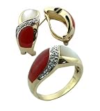 Red Jade and White Mother Of Pearl Cross-Over Earrings and Ring Set with Diamonds, 14k Gold