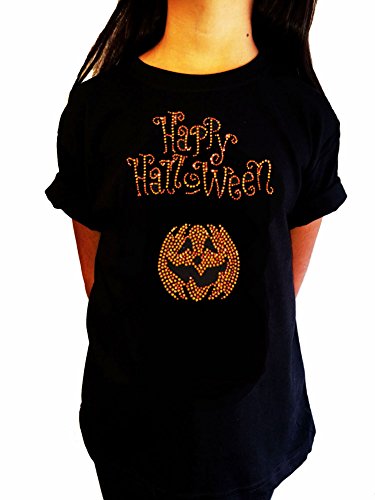 Girl's Fashion T-shirt with Happy Halloween and Pumpkin in Rhinestones