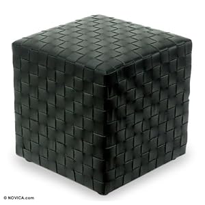 Teak and leather ottoman, 'Woven Black'