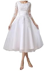 Lace Jeweled Illusion Satin Elbow Length Sleeves Short Tea Length  Dress