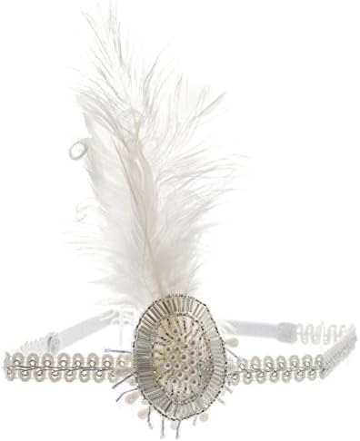 1920's Flapper Headband, Pearl Beaded Applique, Feathers, Silver/white