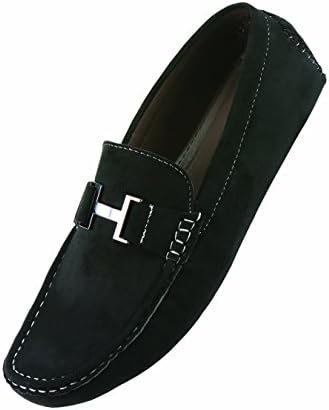 Amali Mens Casual Shoe Driving Moccasin Loafer in Black Microfiber With Gun Metal "H" Ornament: Style 1417 Black-000 10.5 D (M) US